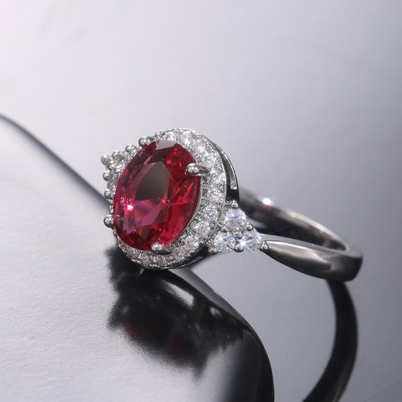 NEW Silver Oval Ruby Round Diamond Halo Ring - Picture 7 of 7